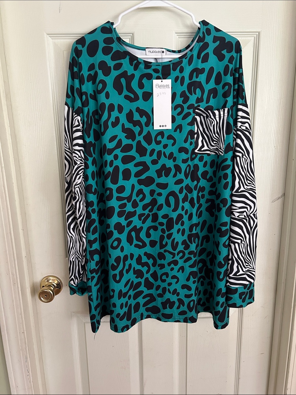 Nuggles Teal & Black Animal Print Top with Zebra Sleeve Detail